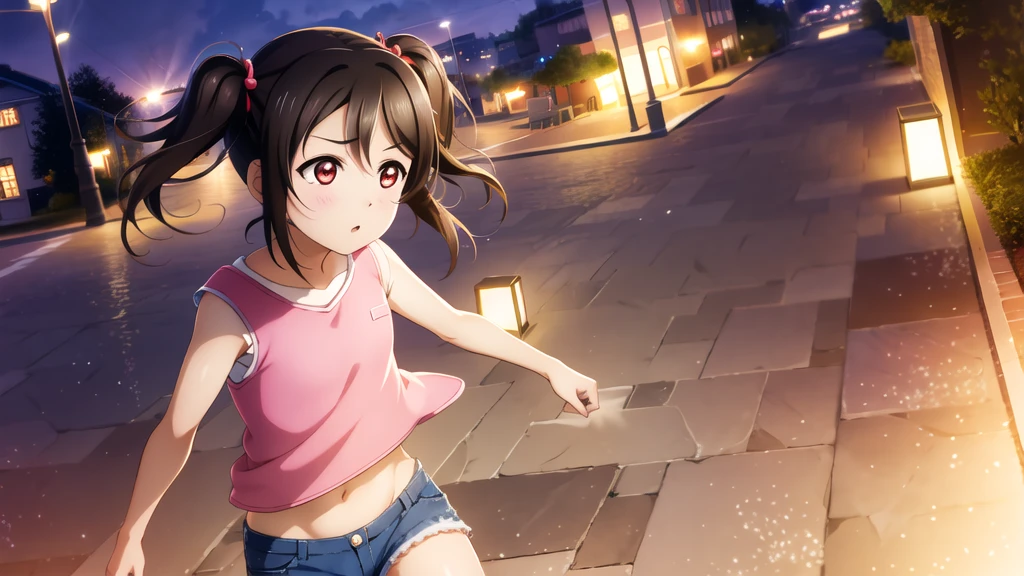 Yazawa nico, Twin tails,Red eyes,((Mid-chest, Tomboy, Small Head)), Dawn, sunlight, (Trained abdominal muscles : 1.1), (Perfect body : 1.1), (Short Wavy Hair : 1.2) , Auburn Hair, collar, Lock, Full Body Shot, Crowded street, Wearing a black tank top, Jeans jacket, ((Shorts)), (Highly detailed CG 8K wallpaper), (Very delicate and beautiful), (masterpiece), (Highest quality:1.0), (ultra High resolution:1.0),  Beautiful lighting ,Perfect Lightning, Realistic Shadows, [High resolution], Detailed skin, Super detailed