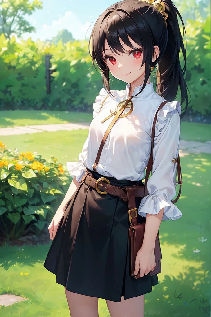 (masterpiece; best quality: 1.2), (finely detailed eyes: 1.3), ((10 year old female kid)), ((solo)), (red eyes: 1.4), (body; short, slender, small breasts: 1.3), (black hair in ponytail: 1.3), (beautiful and clear background: 1.2), ((depth of field)), (clothes: wanderer mage attire + white-and-gold wide-sleeve high-neck shirt + long black skirt + belts + traveler pouches and satchel: 1.3), (anime illustration: 1.2), (background; garden exterior: 1.1), (extremely fine and beautiful: 1.1), (shot composition; standing + centered on torso + close-up: 1.5), (expression; calm, smile: 1.2)