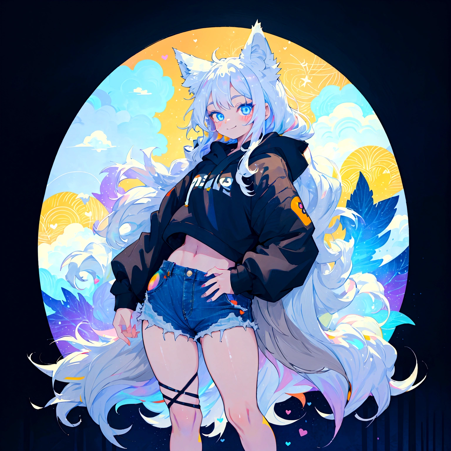 a cute adult male with wolf ears, long white hair, long locks, has a wolf tail, wearing a loose cropped black hoodie, wearing a pair of denim short shorts and fishnet stockings, thick thighs, wide hips, short, very slim, showing slender tummy, heart on hoodie, squishy thighs, has glowing blue eyes. alone, solo (ALONE)(SOLO), surrounded by rainbows, colorful galaxy backround, smiling, ontop of a pile of fluffy plushes, plushies everywhere, kawaii plushies, surrounded by bubbles, surrounded by rainbow leaves, standing up dancing, thicc thighs