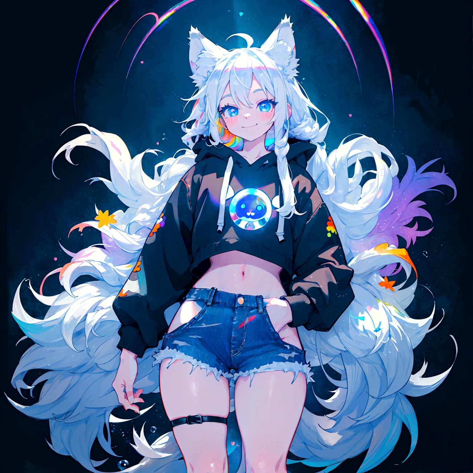 a cute adult male with wolf ears, long white hair, long locks, has a wolf tail, wearing a loose cropped black hoodie, wearing a pair of denim short shorts and fishnet stockings, thick thighs, wide hips, short, very slim, showing slender tummy, heart on hoodie, squishy thighs, has glowing blue eyes. alone, solo (ALONE)(SOLO), surrounded by rainbows, colorful galaxy backround, smiling, ontop of a pile of fluffy plushes, plushies everywhere, kawaii plushies, surrounded by bubbles, surrounded by rainbow leaves, standing up dancing, thicc thighs