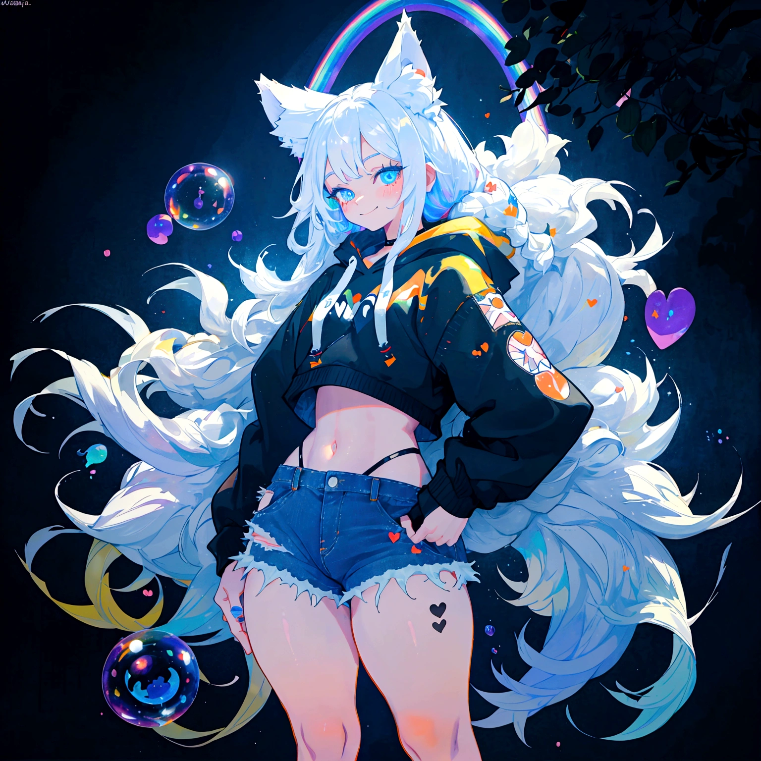 a cute adult male with wolf ears, long white hair, long locks, has a wolf tail, wearing a loose cropped black hoodie, wearing a pair of denim short shorts and fishnet stockings, thick thighs, wide hips, short, very slim, showing slender tummy, heart on hoodie, squishy thighs, has glowing blue eyes. alone, solo (ALONE)(SOLO), surrounded by rainbows, colorful galaxy backround, smiling, ontop of a pile of fluffy plushes, plushies everywhere, kawaii plushies, surrounded by bubbles, surrounded by rainbow leaves, standing up dancing, thicc thighs