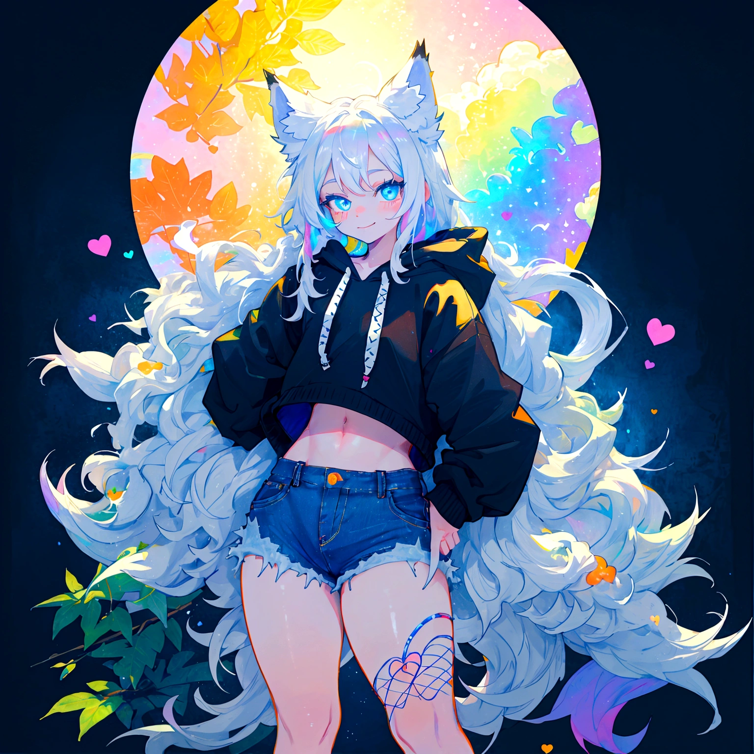 a cute adult male with wolf ears, long white hair, long locks, has a wolf tail, wearing a loose cropped black hoodie, wearing a pair of denim short shorts and fishnet stockings, thick thighs, wide hips, short, very slim, showing slender tummy, heart on hoodie, squishy thighs, has glowing blue eyes. alone, solo (ALONE)(SOLO), surrounded by rainbows, colorful galaxy backround, smiling, ontop of a pile of fluffy plushes, plushies everywhere, kawaii plushies, surrounded by bubbles, surrounded by rainbow leaves, standing up dancing, thicc thighs