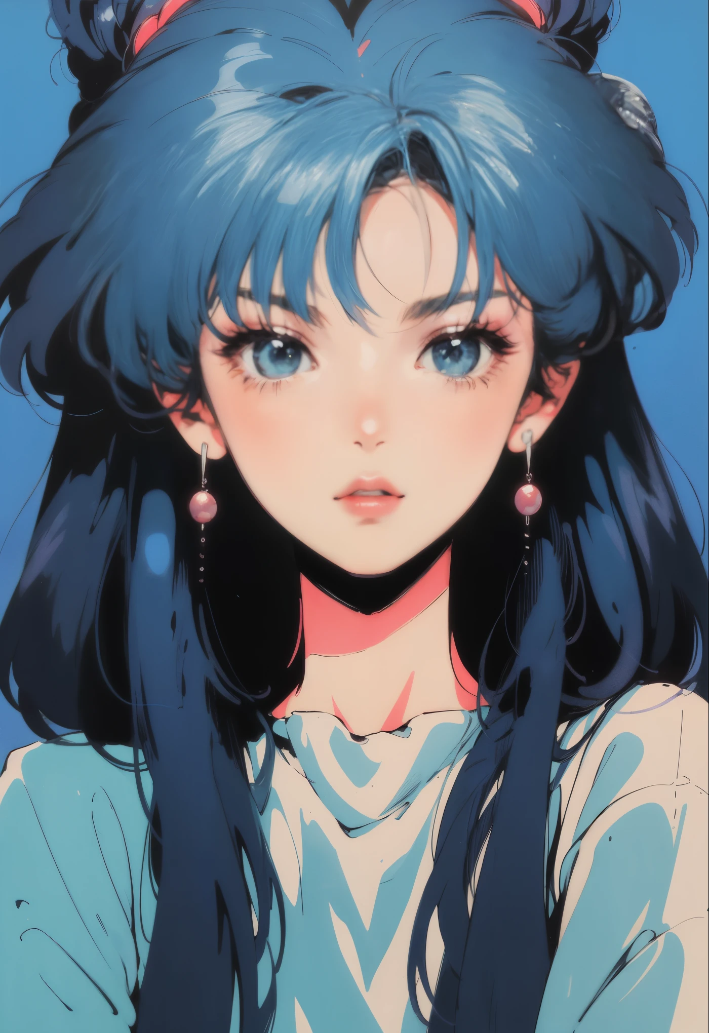Calm pastel colors, Retro Anime, аниме 1990-х, 1980s anime, Strokes, Anime Style, 1 Girl, solo, Blue hair strokes, black eye, Blue clothes, Upper Body, Big Face, Simple Background