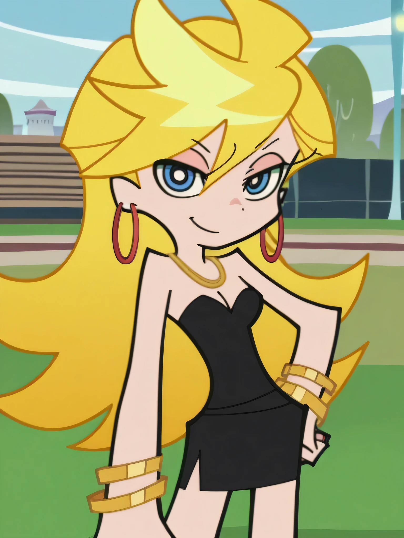 p&s style, rating_safe, score_10, sharp, anime screencap, flat shadows, flat colors, panty, blonde hair, medium breast, standing up, hoop earrings, cleavage, seductive smile, blond hair, blue eyes, bare neck, strapless, red sweetheart dress, gold bracelet, left hand on own hip, park, right arm at side, cowboy shot, looking at viewer,
