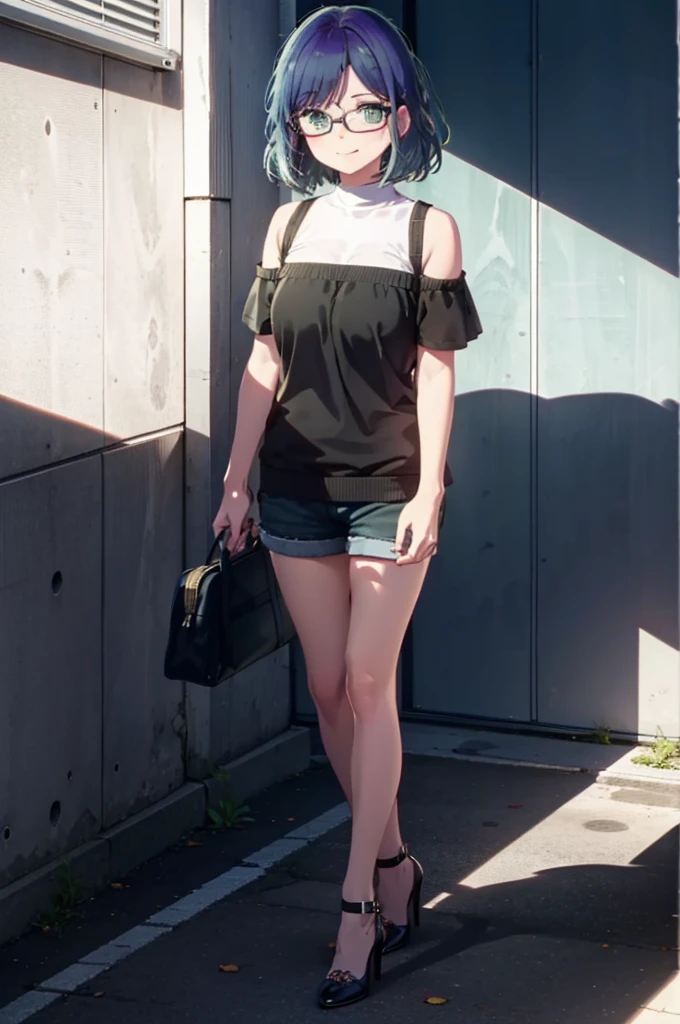 akanekurokawa, akane kurokawa, bangs, (Green Eyes:1.3), Blue Hair, Medium Hair, dark Blue Hair,smile,Black-rimmed glasses,Cold shoulder tops,Short sleeve,Shorts,Stiletto heels,Walking,Daytime,Clear skies,whole bodyがイラストに入るように,
break outdoors, School,courtyard,
break looking at viewer, whole body,
break (masterpiece:1.2), Highest quality, High resolution, unity 8k wallpaper, (figure:0.8), (Beautiful attention to detail:1.6), Highly detailed face, Perfect lighting, Highly detailed CG, (Perfect hands, Perfect Anatomy),