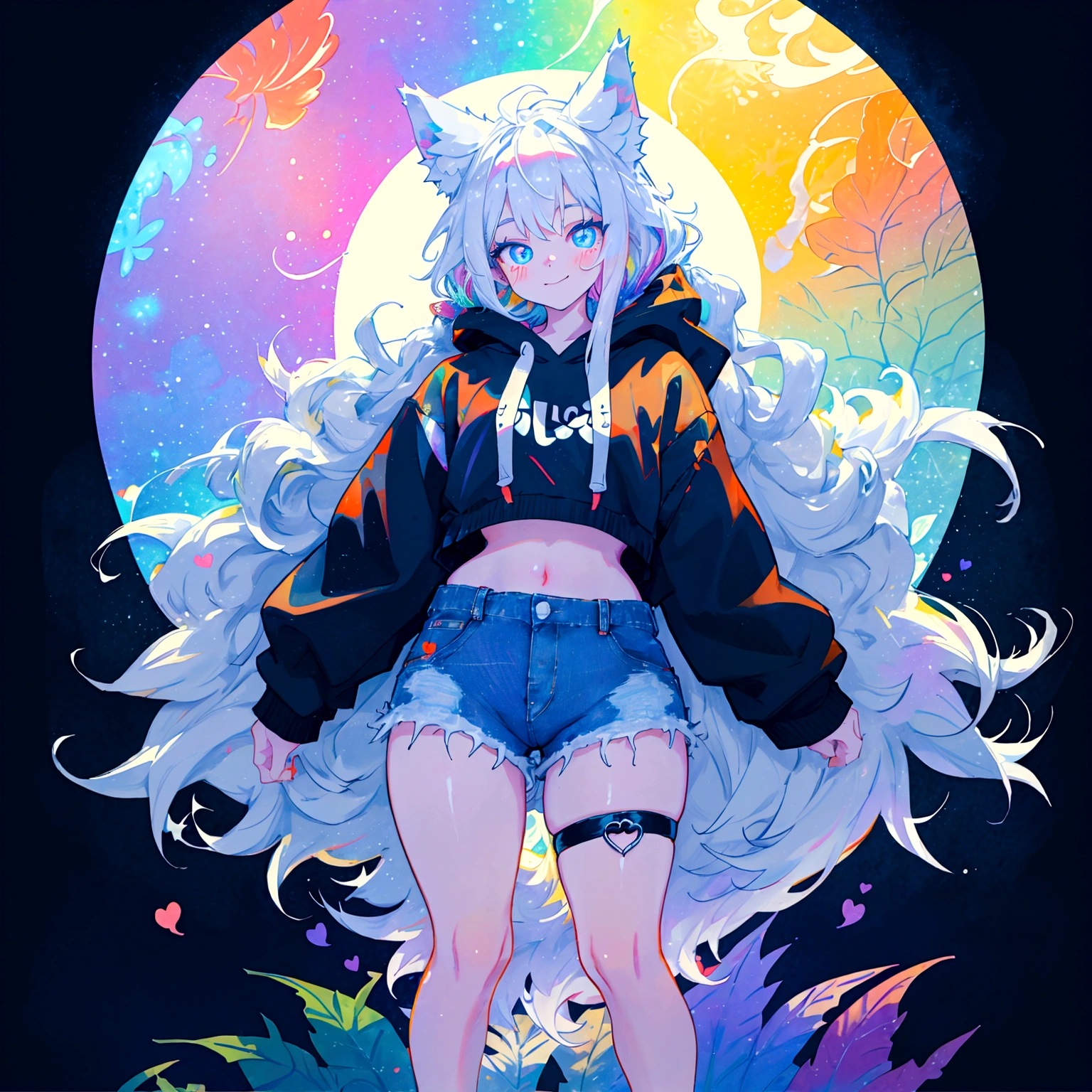 a cute adult male with wolf ears, long white hair, long locks, has a wolf tail, wearing a loose cropped black hoodie, wearing a pair of denim short shorts and fishnet stockings, thick thighs, wide hips, short, very slim, showing slender tummy, heart on hoodie, squishy thighs, has glowing blue eyes. alone, solo (ALONE)(SOLO), surrounded by rainbows, colorful galaxy backround, smiling, ontop of a pile of fluffy plushes, plushies everywhere, kawaii plushies, surrounded by bubbles, surrounded by rainbow leaves, standing up dancing, thicc thighs