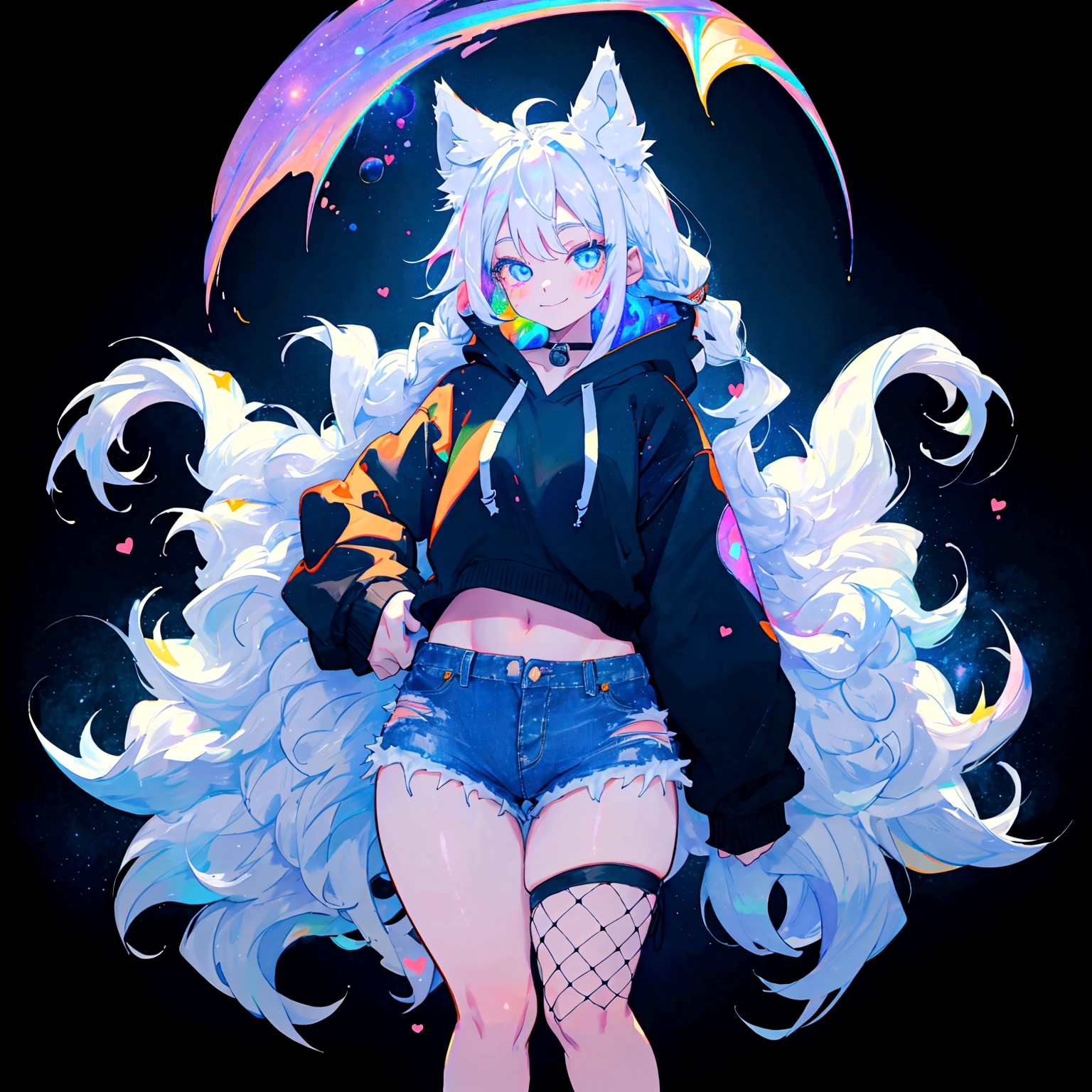 a cute adult male with wolf ears, long white hair, long locks, has a wolf tail, wearing a loose cropped black hoodie, wearing a pair of denim short shorts and fishnet stockings, thick thighs, wide hips, short, very slim, showing slender tummy, heart on hoodie, squishy thighs, has glowing blue eyes. alone, solo (ALONE)(SOLO), surrounded by rainbows, colorful galaxy backround, smiling, ontop of a pile of fluffy plushes, plushies everywhere, kawaii plushies, surrounded by bubbles, surrounded by rainbow leaves, standing up dancing, thicc thighs