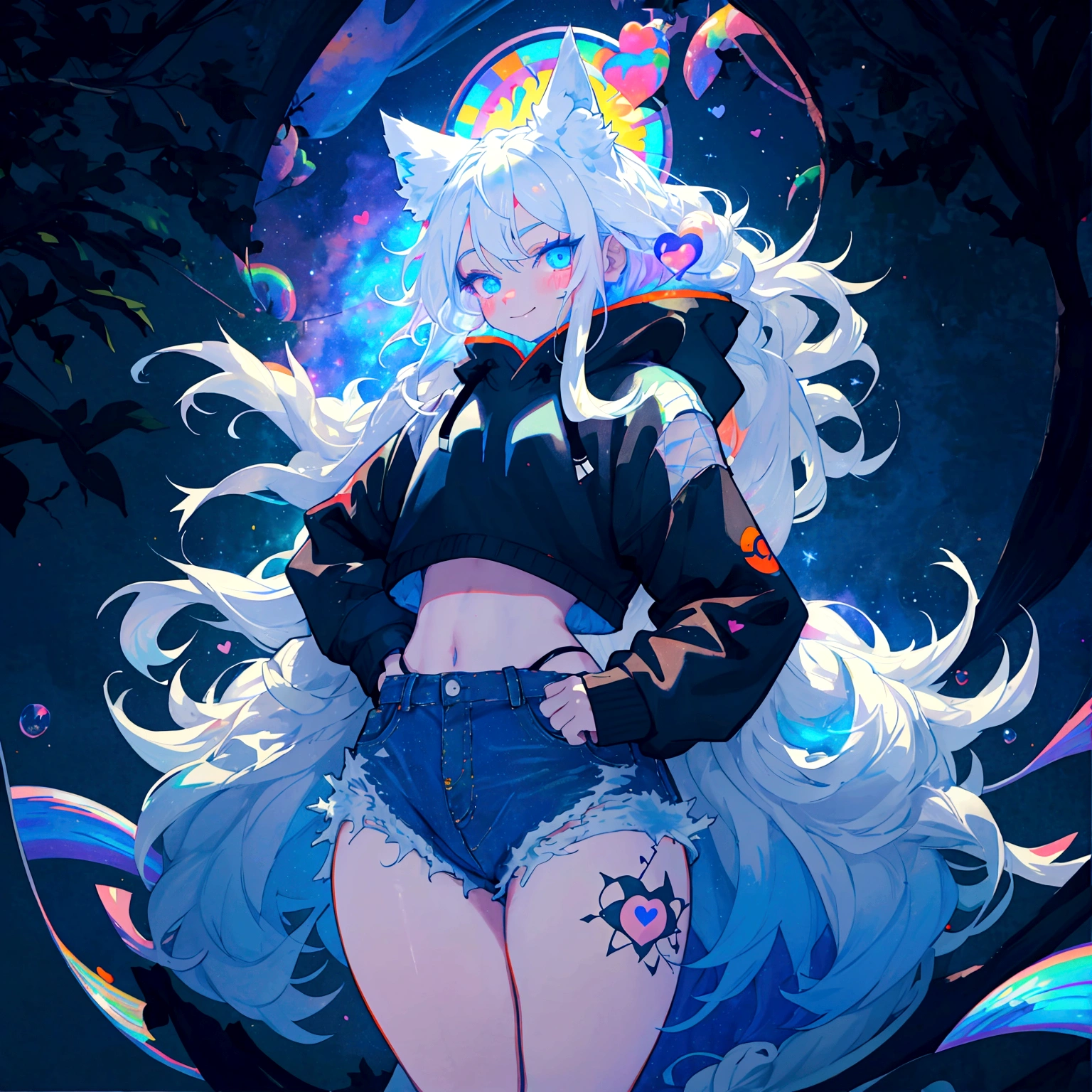 a cute adult male with wolf ears, long white hair, long locks, has a wolf tail, wearing a loose cropped black hoodie, wearing a pair of denim short shorts and fishnet stockings, thick thighs, wide hips, short, very slim, showing slender tummy, heart on hoodie, squishy thighs, has glowing blue eyes. alone, solo (ALONE)(SOLO), surrounded by rainbows, colorful galaxy backround, smiling, ontop of a pile of fluffy plushes, plushies everywhere, kawaii plushies, surrounded by bubbles, surrounded by rainbow leaves, standing up dancing, thicc thighs