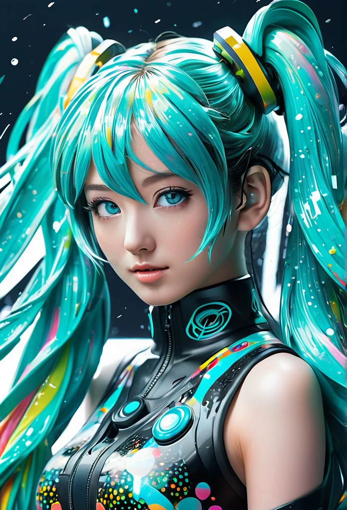Hatsune Miku,Capturing the Essence of Wind with Liquid Ink,Turned into a whirlwind of pointillism, Traverse the spectrum of multiple random colors, 4k concept art, Extreme details, Wheels within wheels, Luminous canvas, sports, Dynamic, Clear glossy focus, create a perfect female face with Wheels within wheels detail, Gorgeous, best quality, masterpiece