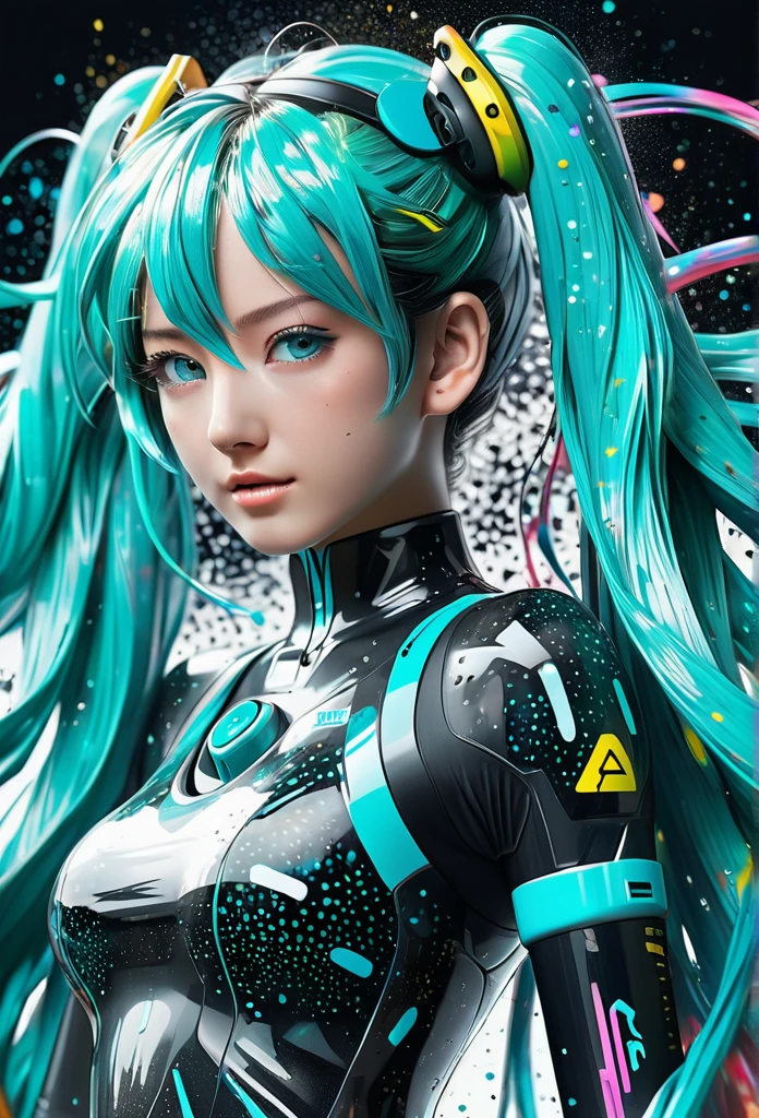 Hatsune Miku,Capturing the Essence of Wind with Liquid Ink，Turned into a whirlwind of pointillism, Traverse the spectrum of multiple random colors, 4k concept art, Extreme details, Wheels within wheels, Luminous canvas, sports, Dynamic, Clear glossy focus, create a perfect female face with Wheels within wheels detail, Gorgeous, best quality, masterpiece