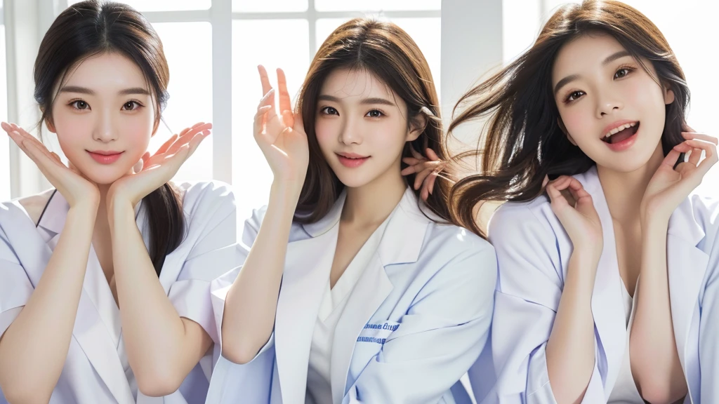masterpiece, best quality, medium shot, 3girls, modern hospital, happy, Beautiful Japanese female doctor wearing white labcoat over scrubs, beautiful detailed face, pale skin, realistic skin, detailed cloth texture, detailed hair texture, accurate, Anatomically correct, Highly detailed face and skin texture , looking at viewer