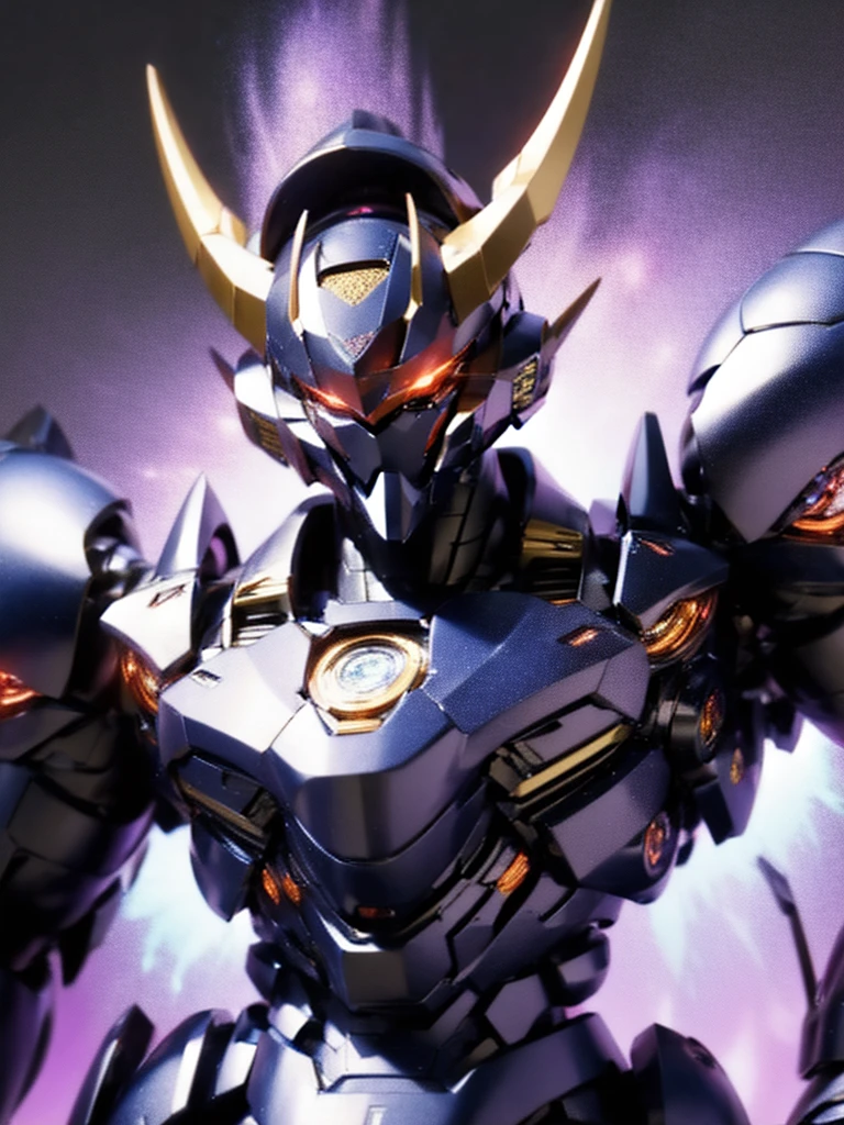 Robot, red mono eyes, blue and purple gradient body, high quality, golden horns on head, heavily armored,Robot, red glowing mono eyes, purple field body, high quality, silver horns on head, heavily armored, blue black shoulders, arm armor in austere shade,