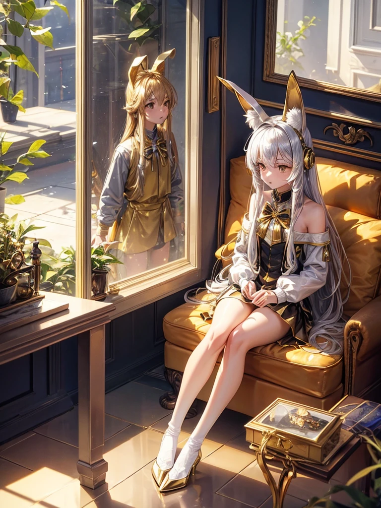 Silver long hair golden bunny ears with 2 golden cat tails wearing golden headphones silver shoulderless silver skirt and golden socks sitting inside locked silver glass box