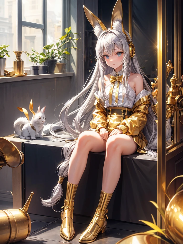 Silver long hair golden bunny ears with 2 golden cat tails wearing golden headphones silver shoulderless silver skirt and golden socks sitting inside locked silver glass box