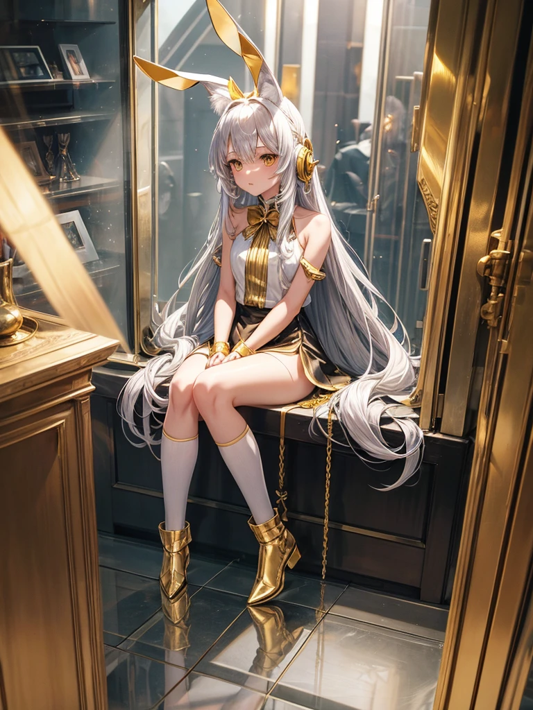 Silver long hair golden bunny ears with 2 golden cat tails wearing golden headphones silver shoulderless silver skirt and golden socks sitting inside locked silver glass box