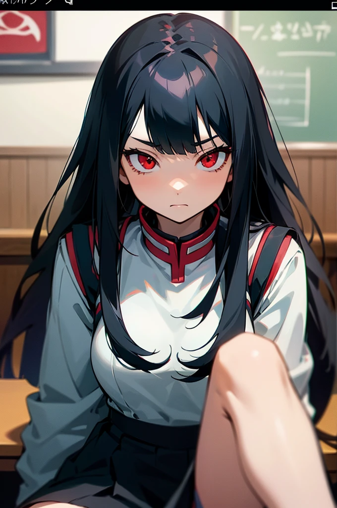 Screenshot of my hero academia girl with long black hair, Red eyes, fringe, Expression would be, She is wearing the UA uniform and in the background she has a UA school class and she is sitting at a table