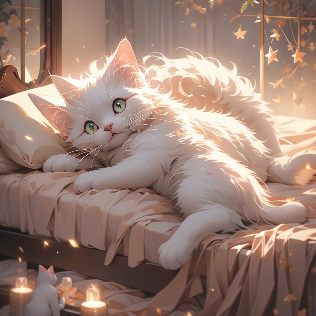 a cat laying on a bed in the room