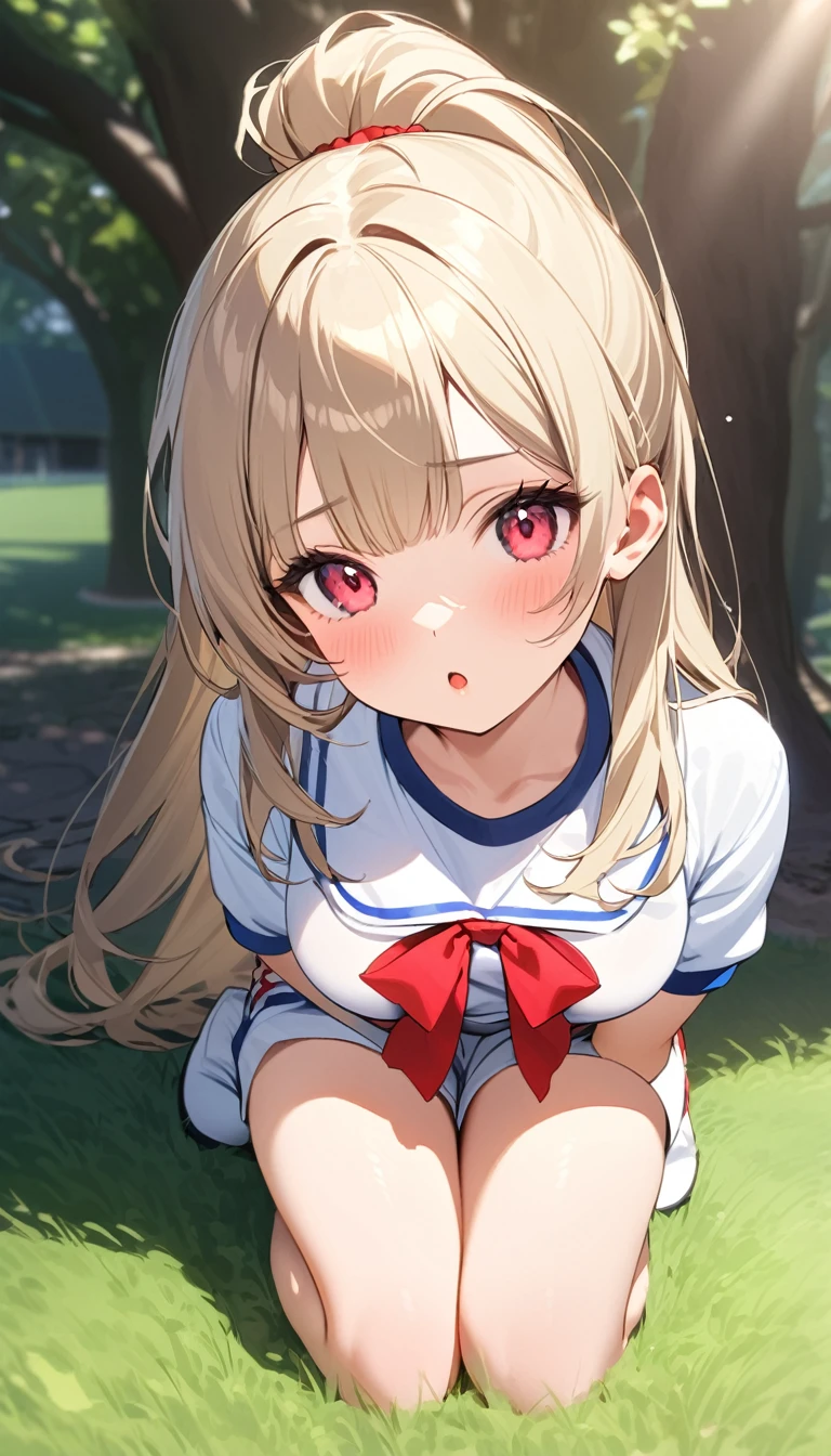 {{{{{16k,Ultra High-resolution realistic photograph of neat virgin first-year junior high school girl's in School-designated gym uniform with junior high ribbon as pretty as a actress in Grass schoolyard, She's in the first year of middle school, but she's too well developed, her tits are too beautiful, When she rolls up her gym clothes from underneath her shyly raw, hidden big tits pop out, She's a first-year junior high school girl with no makeup and no polish but her body is glamorous, She's a virgin but she's popular popular popular and she just has an aura of being popular}}}}},{{Extremely detailed}},{{{{{dye her cheeks flush and integrated her head pure small, thick lips, Enchanting thick gross idol's Lips}}}}},{{{{{dark colored bang ponytail hair}}}}},{{{{{She get more attractive and smoother her body, her expression and appearance are transformed into that of a pure, Her white tits are so fluffy, and are depicted in great detail, but her sex appeal from her neck fills the schoolyard, her bodyline and tits and hips are getting cuter and cuter, She has been reborn as a pretty one-in-a-thousand-year girl with a sparkling aura of cuteness}}}}}