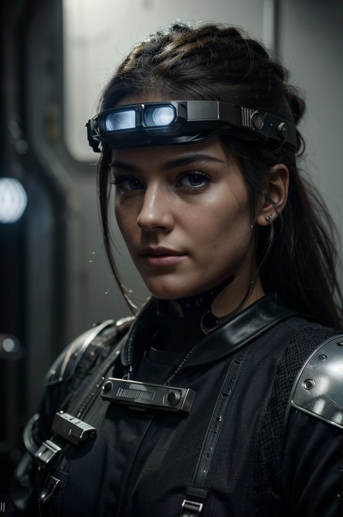 (best quality,4k,8k,highres,masterpiece:1.2),ultra-detailed,(realistic,photorealistic,photo-realistic:1.37),1 woman, intricate machinery, highly detailed machinery, futuristic cyberpunk, chrome metal, glowing blue lights, complex gears and mechanisms, detailed facial features, piercing eyes, cinematic lighting, dramatic shadows, dark color palette, military attire, special ops headgear, night-vision goggles