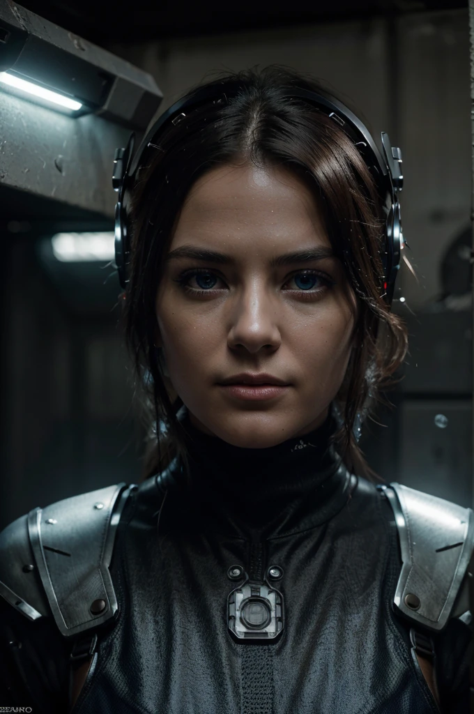 (best quality,4k,8k,highres,masterpiece:1.2),ultra-detailed,(realistic,photorealistic,photo-realistic:1.37),1 woman, intricate machinery, highly detailed machinery, futuristic cyberpunk, chrome metal, glowing blue lights, complex gears and mechanisms, detailed facial features, piercing eyes, cinematic lighting, dramatic shadows, dark color palette, military attire, special ops headgear, night-vision goggles