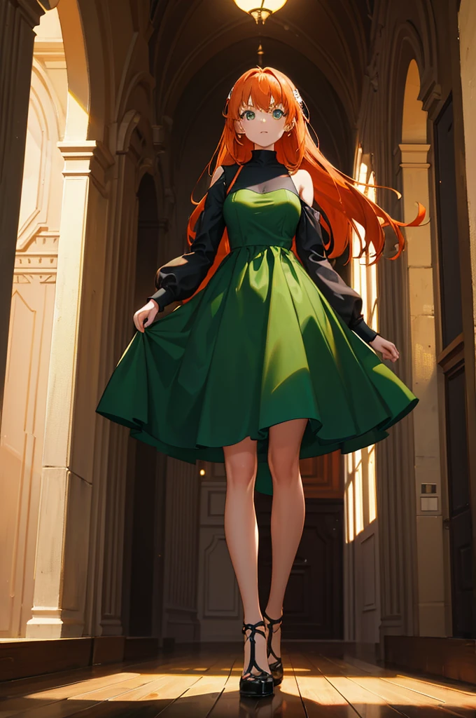 1woman, orange hair, green eyes, dress, standing on ground, high res, ultra sharp, 8K, masterpiece