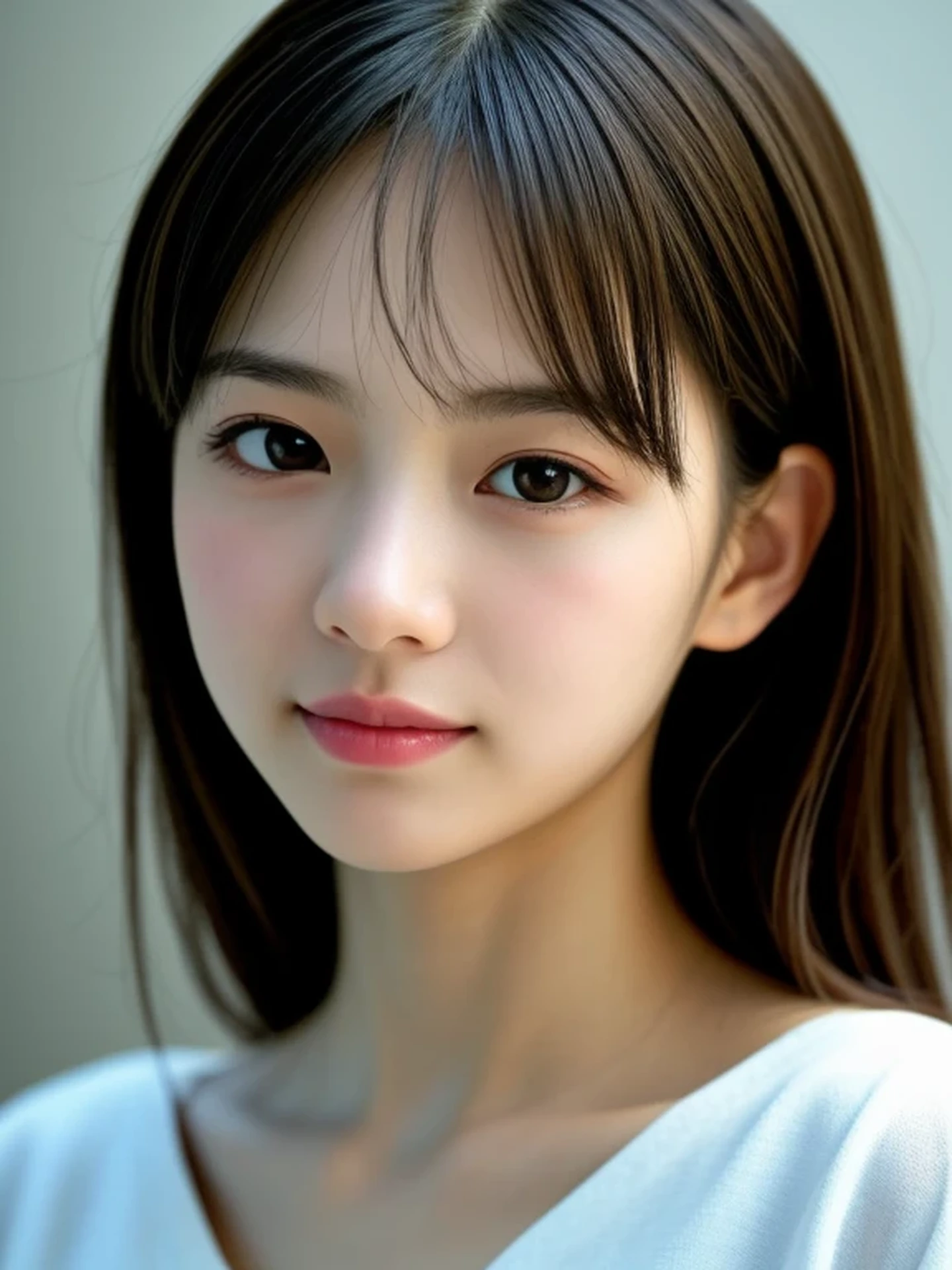(Photo Real:1.4), (hyper realisitic:1.4), (Smooth lighting:1.05), 1 girl, blouse, (sad:1.4), Close-up of the face, Soft lighting, Back lighting, (cheerfulness:1.2), (Finest Real Textured Skins), Narrow-eyed, Super fine face, Gravure Idol Pose, glowy skin, retinas, Anatomically correct, acurate, Super Detail, Textured skin, High quality, high details, Best Quality, High resolution, bangs