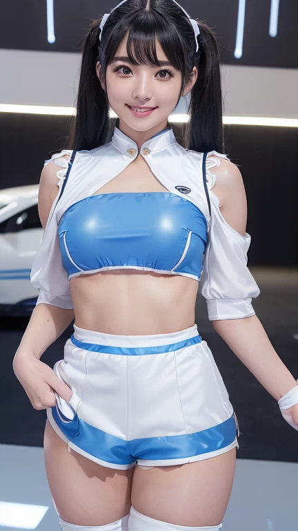 ((Beauty)),((Shiny Hair)),((Glowing Skin)),((Very white skin)),韓国Beauty、Heavy makeup、Jet Black Hair、Long Hair、Twin tails、((huge breasts:1.3))、((Race queen costume made of enamel material:1.3))、((Light blue and white clothes))、((Very short patent leather shorts))、((Very short Brazilian shorts:1.7))、((Very short costume:1.5))、The navel is visible、((Very tight outfit:1.3))、Convention Hall、((motor Show))、Small waist、sexy、((Very revealing clothing:1.6))、Sports cars are displayed、Smiling with mouth closed、(naked:1.2)