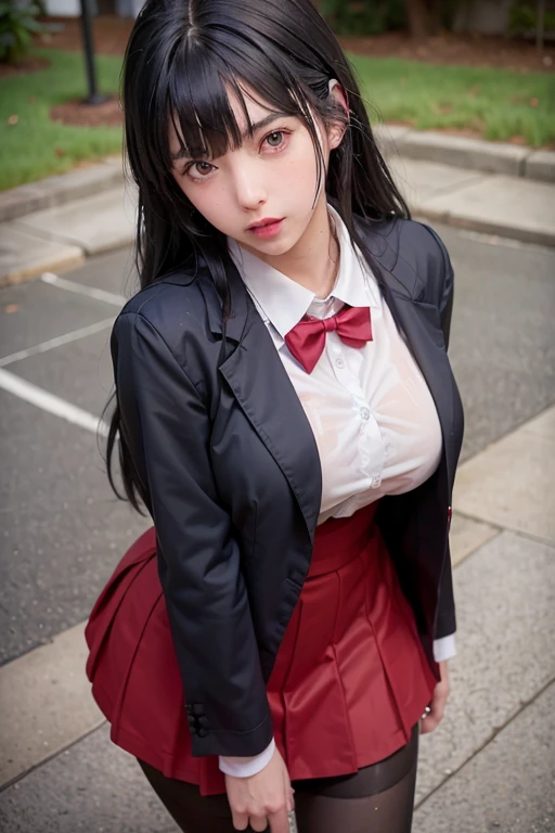 school girl was sprayed with water , school girl Was sprayed with water , jk school girl in tropical rainforest , steam , waistband of skirt is at the point above chest , Tight shirt , white Shirt , school girl , skirt under breasts , skirt is near breasts area , skirt is adjacent to the chest , jabami yumeko, black hair, long hair, blunt bangs , red jacket, shirt, black skirt , big breasts , pikkyyumeko pikkyyumeko, 1girl, solo, looking at viewer, black hair, bangs, blunt bangs, long hair, very long hair, hime cut, red eyes, glowing eyes, breasts, large breasts, , shirt, red jacket, jacket, white shirt, collared shirt, lips, blazer, black pantyhose, mary janes,  full body , red knot , red bow