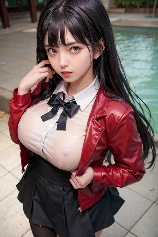 school girl was sprayed with water , school girl Was sprayed with water , jk school girl in tropical rainforest , steam , waistband of skirt is at the point above  , Tight shirt , white Shirt , school girl , skirt under  , skirt is near  area , skirt is adjacent to the  , jabami yumeko, black hair, long hair, blunt bangs , red jacket, shirt, black skirt ,  , pikkyyumeko pikkyyumeko, 1girl, solo, looking at viewer, black hair, bangs, blunt bangs, long hair, very long hair, hime cut, red eyes, glowing eyes, , , , shirt, red jacket, jacket, white shirt, collared shirt, lips, blazer, black pantyhose, mary janes,  full body , red knot , red bow