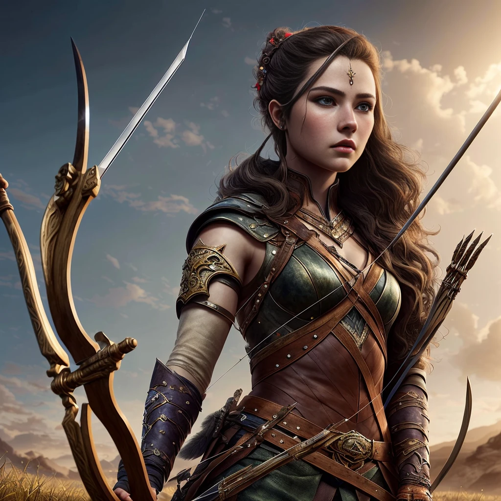 a highly detailed fantasy archer, 1girl, intricate detailed face, beautiful eyes, detailed lips, long eyelashes, elegant hairstyle, warrior outfit, holding bow and arrow, dramatic lighting, cinematic composition, epic fantasy landscape, moody atmosphere, rich color palette, digital painting style, hyper realistic, 8k, best quality, masterpiece