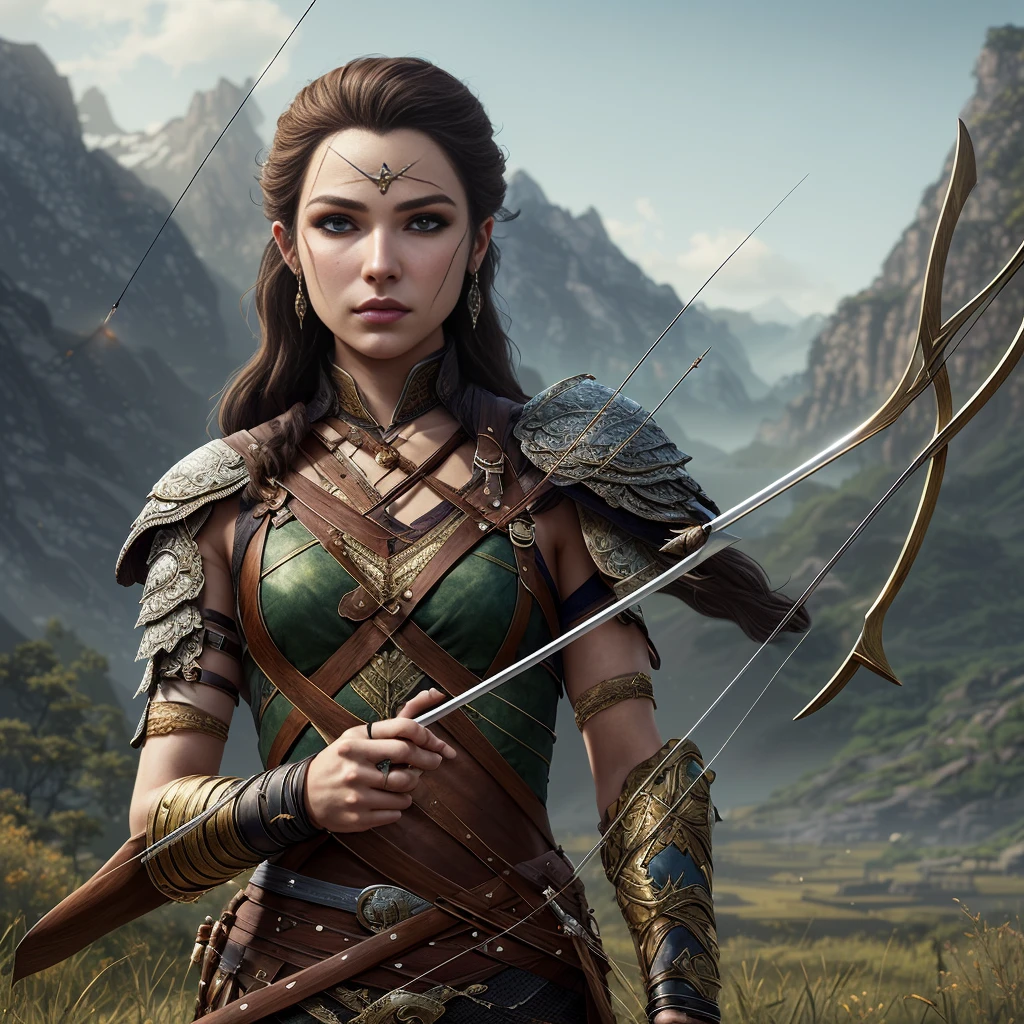 a highly detailed fantasy archer, 1girl, intricate detailed face, beautiful eyes, detailed lips, long eyelashes, elegant hairstyle, warrior outfit, holding bow and arrow, dramatic lighting, cinematic composition, epic fantasy landscape, moody atmosphere, rich color palette, digital painting style, hyper realistic, 8k, best quality, masterpiece