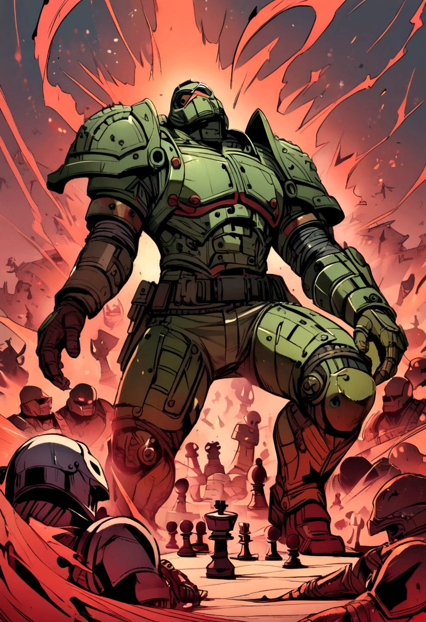 Chess pieces fighting doomguy in hell