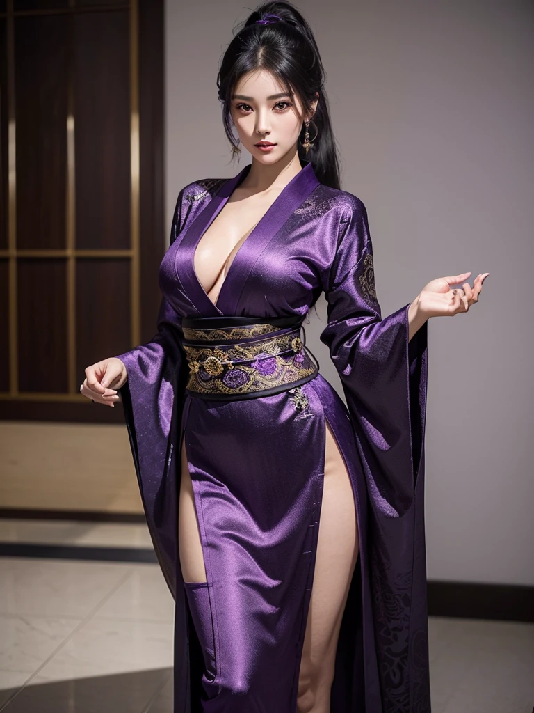 a very beautiful, attractive woman with a slender body, long purplish black ponytail hair, dark eyes, wide hips, big bust ,an elegant outfit predominantly purple with gold details. Her look includes a long, low-cut diamond-shaped kimono with intricate patterns.