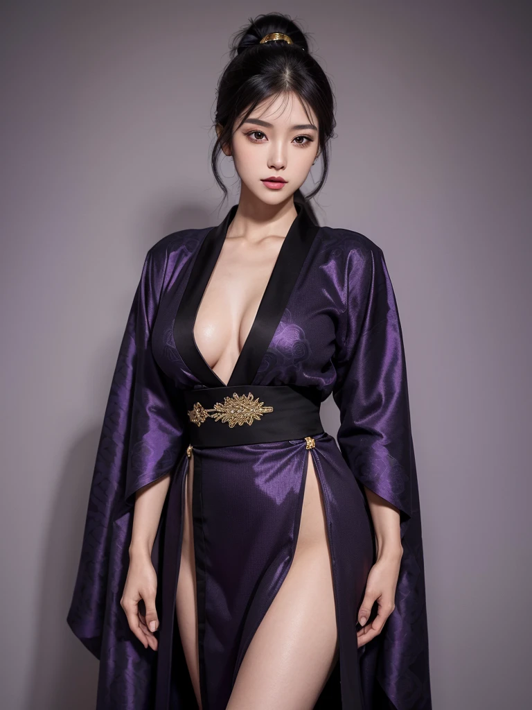 a very beautiful, attractive woman with a slender body, long purplish black ponytail hair, dark eyes, wide hips, big bust ,an elegant outfit predominantly purple with gold details. Her look includes a long, low-cut diamond-shaped kimono with intricate patterns.