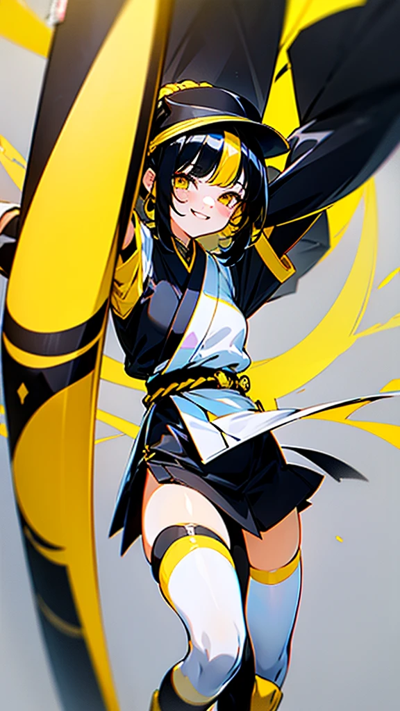 She is , she is the pillar of lightning, her haori is yellow with black and white, black hair with a yellow streak and her katana is yellow, she has yellow and white stockings, she is happy and will be called sarami at the same time, trans, she is like a man. 