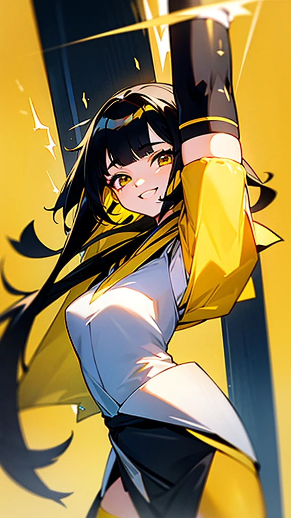 She is 11 years old, she is the pillar of lightning, her haori is yellow with black and white, black hair with a yellow streak and her katana is yellow, she has yellow and white stockings, she is happy and will be called sarami at the same time, trans, she is like a man.