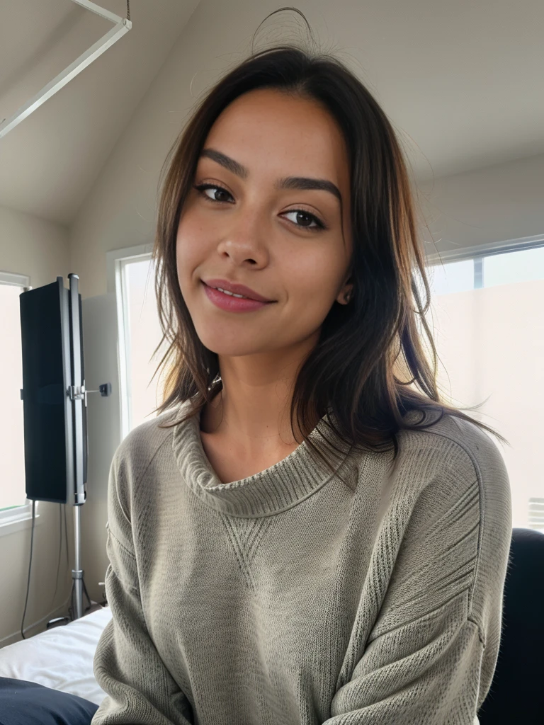 photorealistic, best quality, hyper-detailed, beautiful woman, selfie photo, upper body, solo, wearing pullover, 3 different styles and clothes, studio, real life, cheerful, happy, sweater, model pose, analog style, looking at viewer, skin texture, film grain, close up, ultra high resolution, best shadow, RAW, Instagram LUT