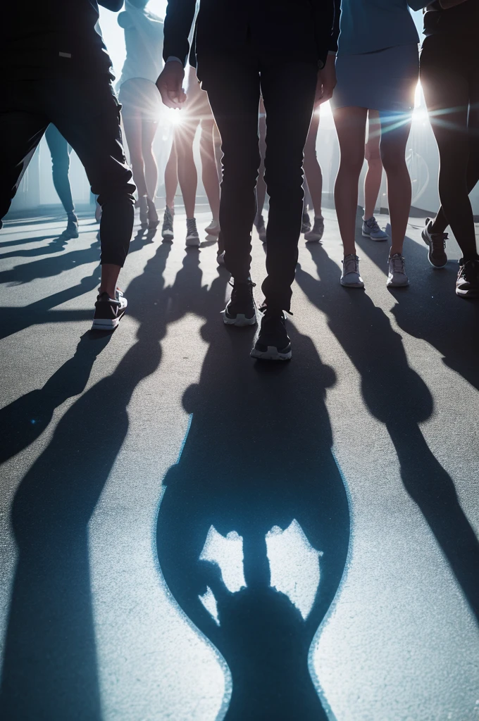 /imagine prompt: A person stepping away from a group of shadowy, negative figures towards a group of supportive, light-filled friends who encourage and uplift. --ar 16:9 --v 5