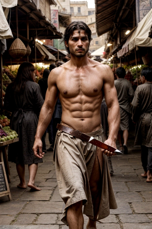 Make him walk in the market, which was an ancient market around 1200 years ago and don't wear clothes and only wear clothes and only wear clothes and walk proudly carrying a sword.