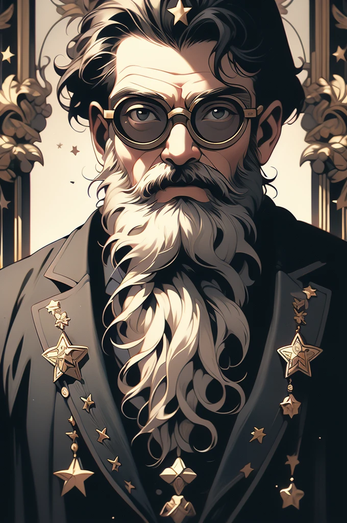 arafed photograph of a man with a beard and a star on his chest, an album cover by Augustus Dunbier, flickr, op art, decorated civil war veteran, wearing victorian brass goggles, wearing victorian goggles, with haunted eyes and glasses, 1800s photo of a deformed, quirky 1 9 th century