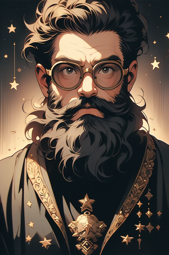 arafed photograph of a man with a beard and a star on his chest, an album cover by Augustus Dunbier, flickr, op art, decorated civil war veteran, wearing victorian brass goggles, wearing victorian goggles, with haunted eyes and glasses, 1800s photo of a deformed, quirky 1 9 th century