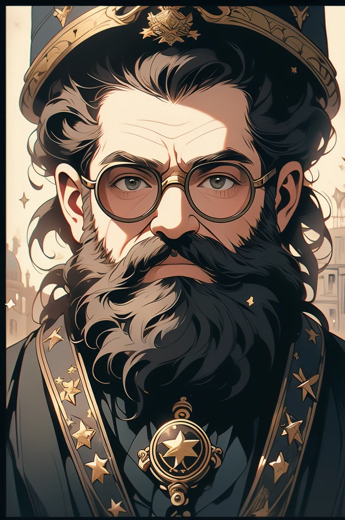 arafed photograph of a man with a beard and a star on his chest, decorated civil war veteran, wearing victorian brass goggles, wearing victorian goggles, with haunted eyes and glasses, 1800s photo of a deformed, quirky 1 9 th century, photo from the 1850s of a farmer, portrait of emperor norton