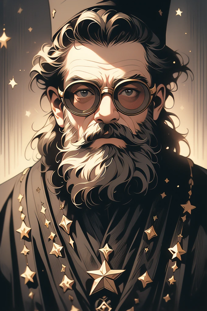 arafed photograph of a man with a beard and a star on his chest, an album cover by Augustus Dunbier, flickr, op art, decorated civil war veteran, wearing victorian brass goggles, wearing victorian goggles, with haunted eyes and glasses, 1800s photo of a deformed, quirky 1 9 th century
