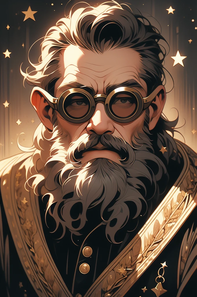 arafed photograph of a man with a beard and a star on his chest, an album cover by Augustus Dunbier, flickr, op art, decorated civil war veteran, wearing victorian brass goggles, wearing victorian goggles, with haunted eyes and glasses, 1800s photo of a deformed, quirky 1 9 th century