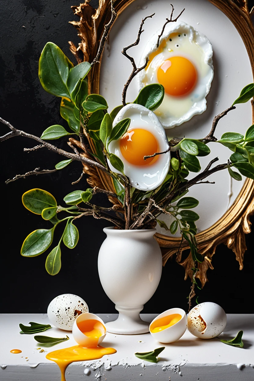 Surreal Still Life Paintings Blending Food and Nature. Fried eggs on branches in white vase, Runny egg yolk dripping, Dark texture background, Quail egg shells scattered on the bottom, Plant leaves, Concept 3D Realism, Inspired by the art of Giuseppe Arcimboldo, masterpiece