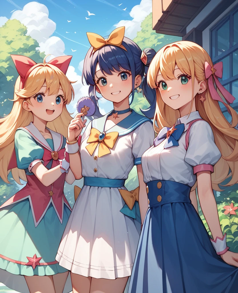 Highest quality, Very detailed, masterpiece, anime,Highest quality,Japanese ,Three Girls,Holiday outings,smile,Transparent haori,Browsing Caution,Magical girl