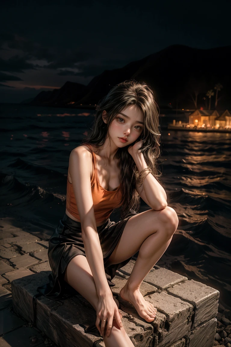 night view, The Dark Sea, fire, bright city behind people, On the rough cement, 1 woman, Sedentary pose, ash long hair, short skirt, loose top, Barefoot,