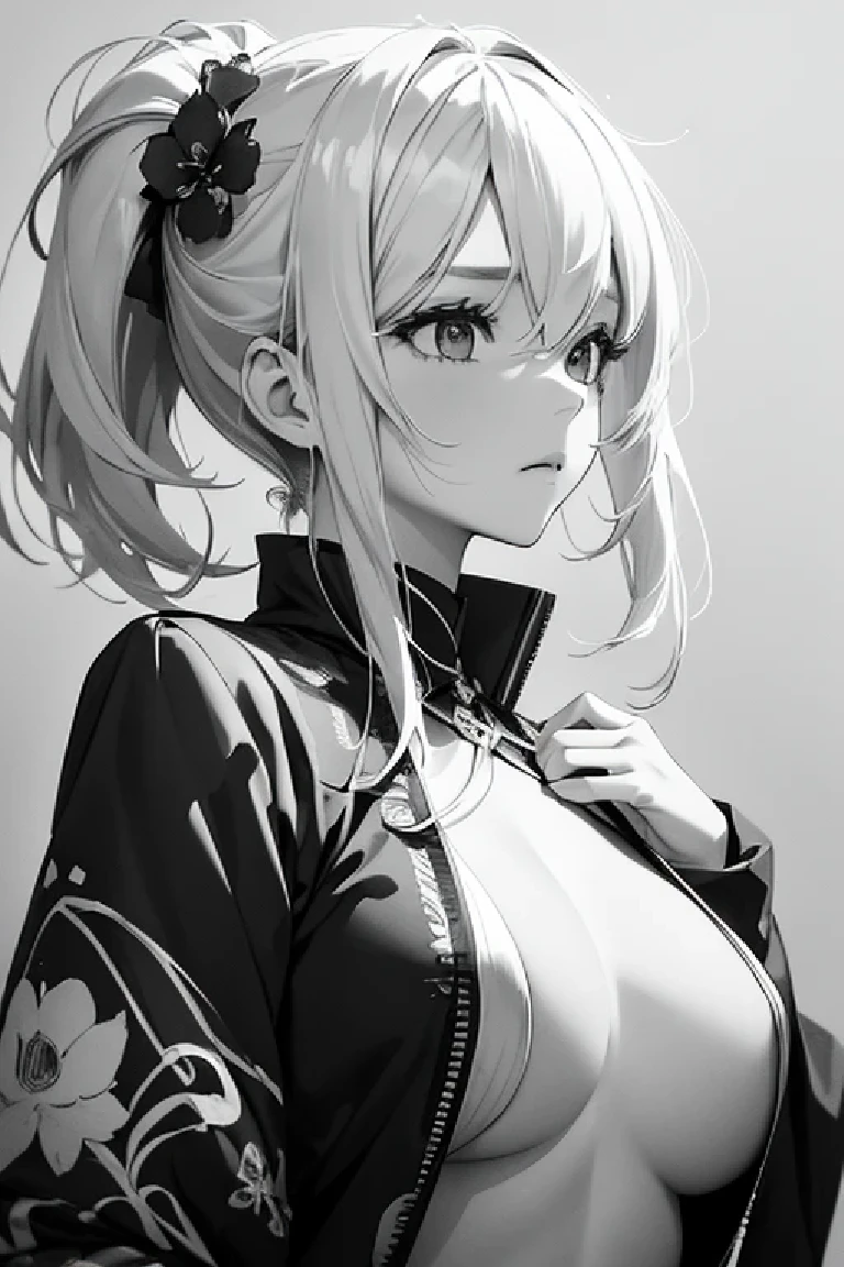 ((monochrome))(Image from chest up:1.4)((masterpiece:1.5,Highest quality,Beautiful images、Sketch、2.5D、Ink Painting、Abstract、Artistic、Portraiture))(1girl, solo)(medium breasts, white hair、bob hair)(Profile Portrait,Gaze sideways、Gaze diagonally、Shake your head、A sad expression, floating hair)(Monotone artistic background)from side