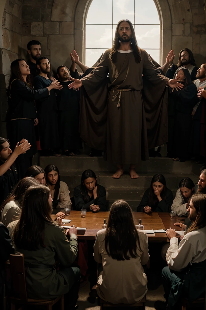 Jesus prays with his 12 disciples on the hill