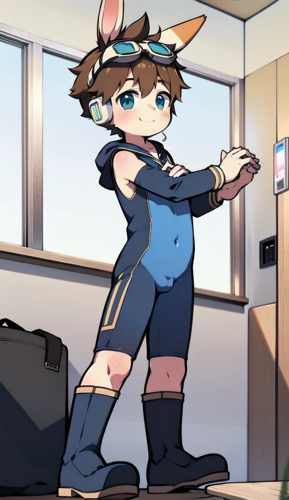 2D Boy Shota,One-piece mountaineering suit,Slim, healthy body,Put the headphones on your head,stand up,goggles,Rabbit ears,happy,Sailor collar,tie,Zipper pulled down,boots,hood,classroom